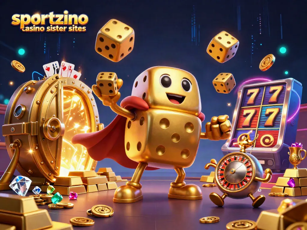 Engage with sportzino casino sister sites featuring a vivid 3D cartoon scene of golden dice, jewels, and exciting game elements.