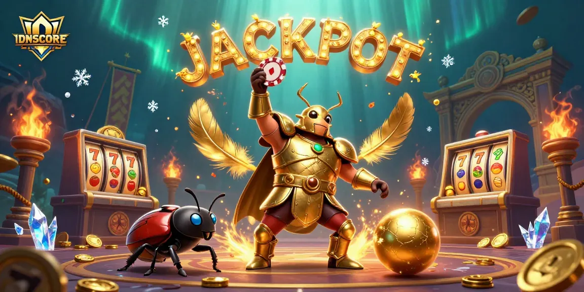 IDNSCORE features a powerful beetle mascot celebration with a jackpot display in this vibrant casino artwork.