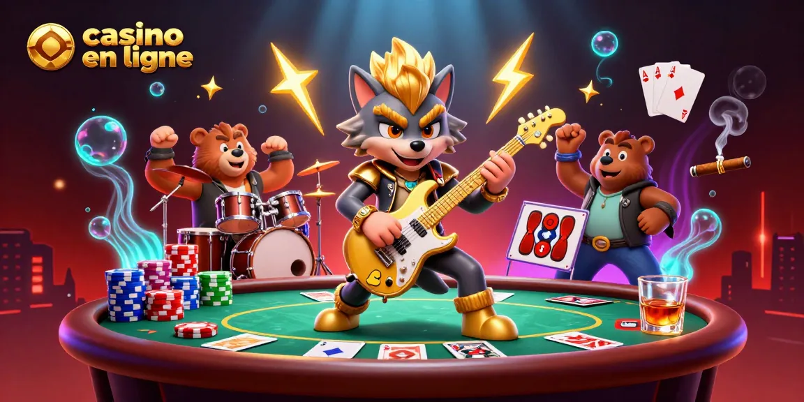 Profitez d'une expérience vibrante au casino en ligne avec un loup rock star jouant de la guitare et un ours batteur.