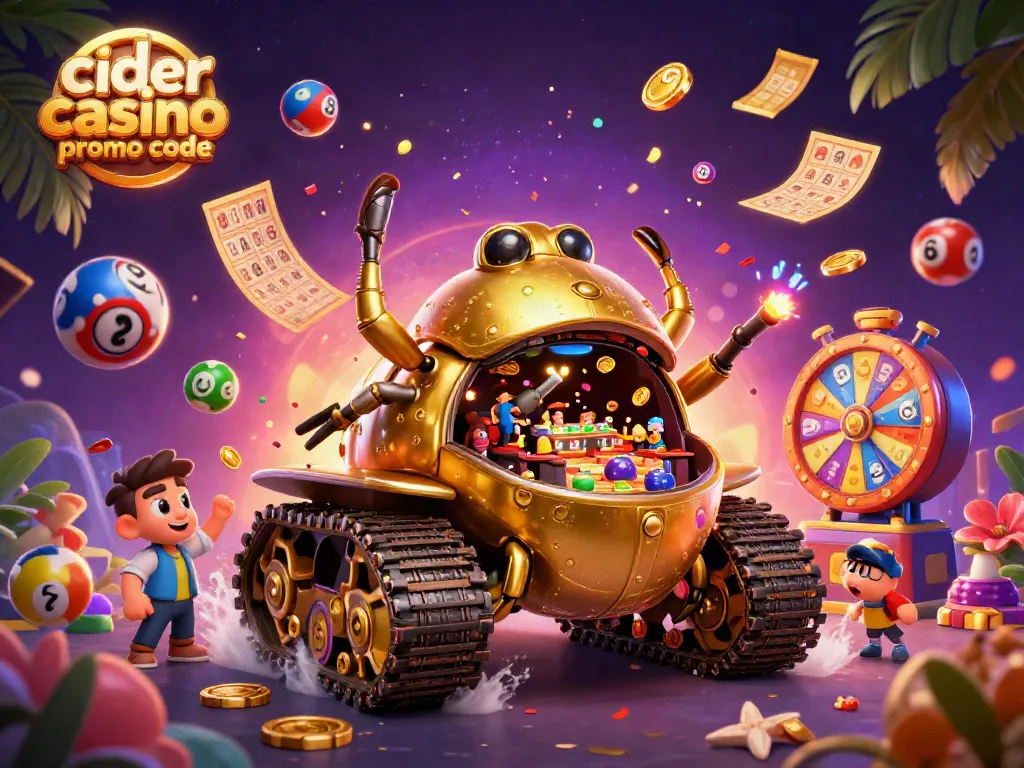 Discover the exciting Cider Casino promo code scene featuring vibrant lottery balls, a golden tank casino, and dynamic winnings.