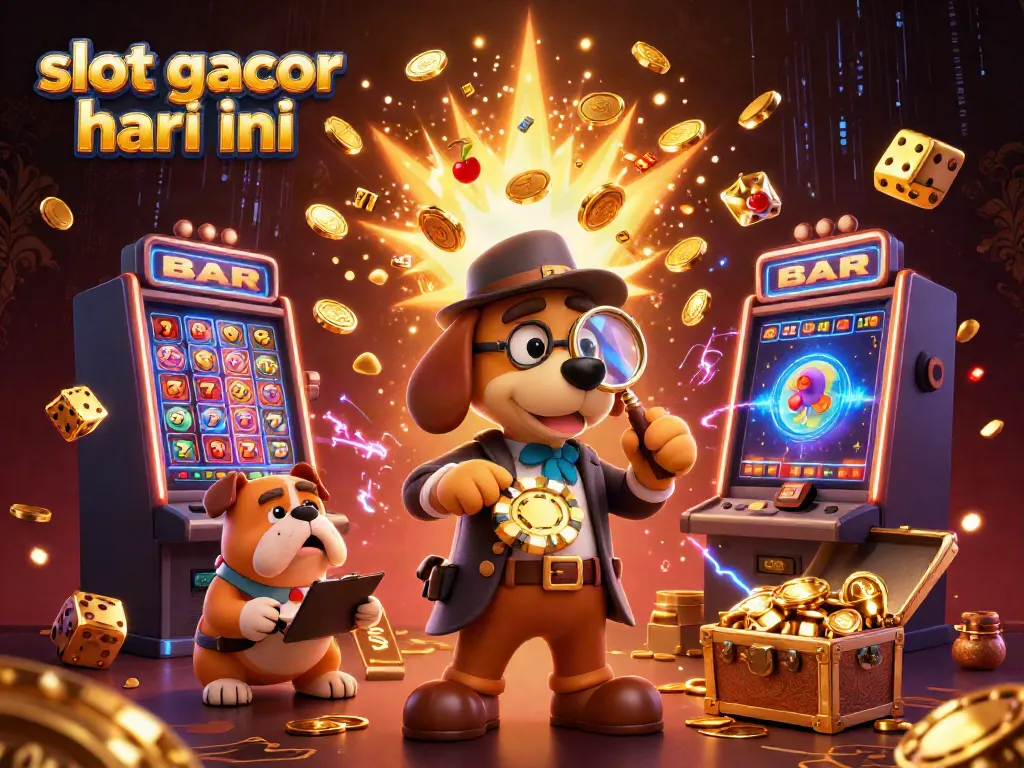 Slot gacor hari ini memperlihatkan detektif 3D dan anjing bulldog di lingkungan kasino yang penuh harta dan simbol permainan.