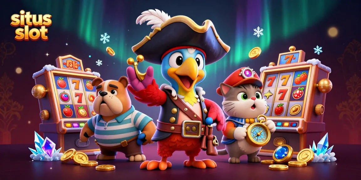 Engage with situs slot features in this vibrant 3D casino scene, showcasing slot reels and playful characters.
