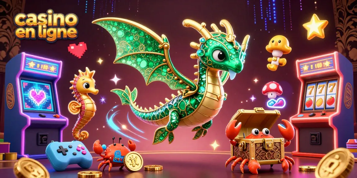 Découvrez une scène dynamique de casino en ligne avec un dragon de mer en 3D et des éléments ludiques.