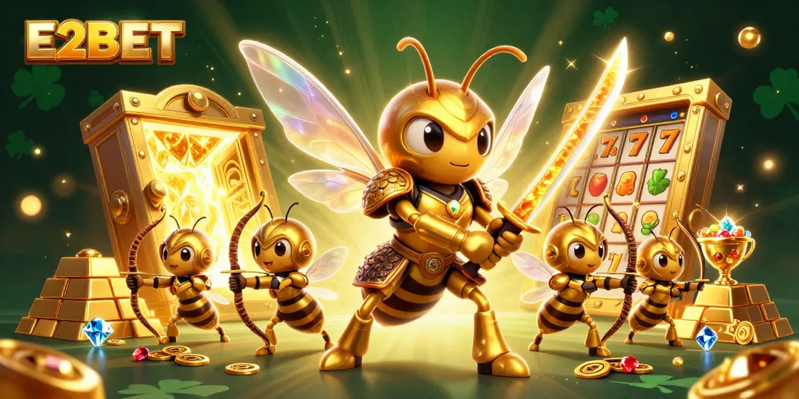 E2BET brings thrillingslot action to life with a golden hornet warrior and glimmering treasures.