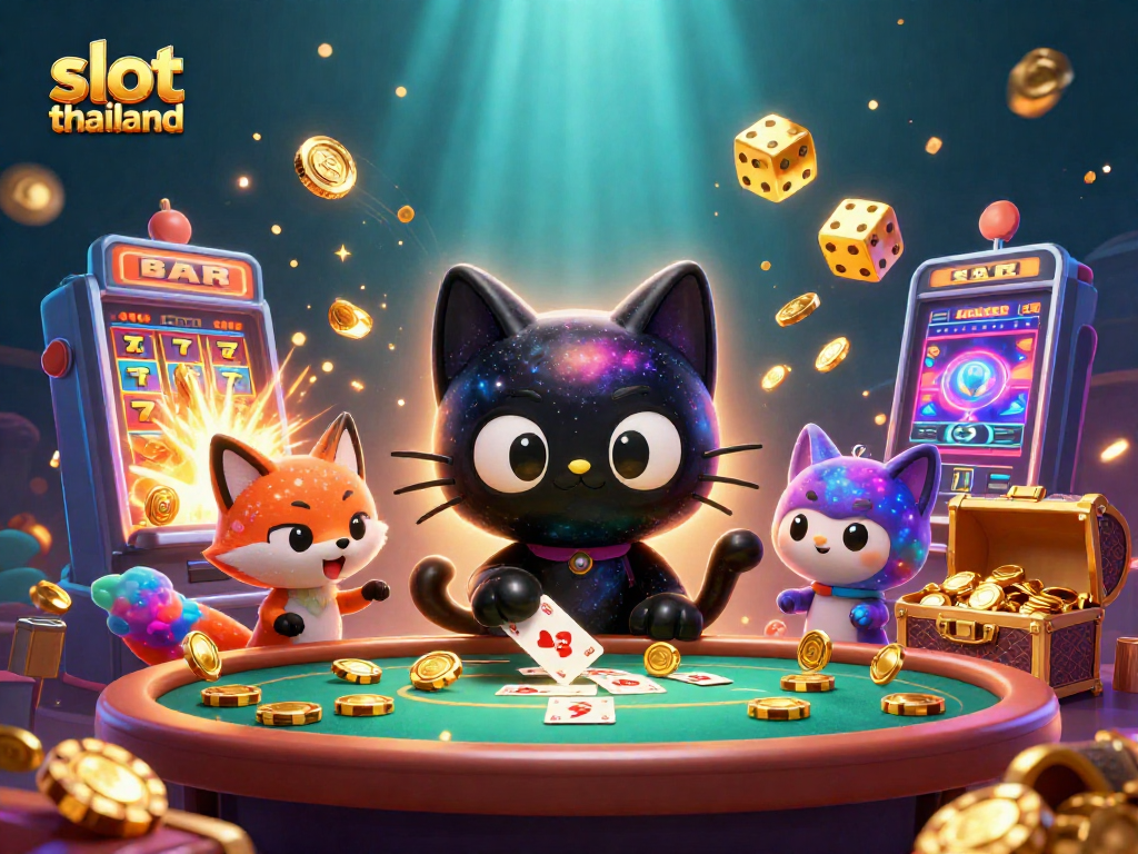 Engage in slot thailand gameplay with a cosmic cat and nebula fox at a dynamic casino table.
