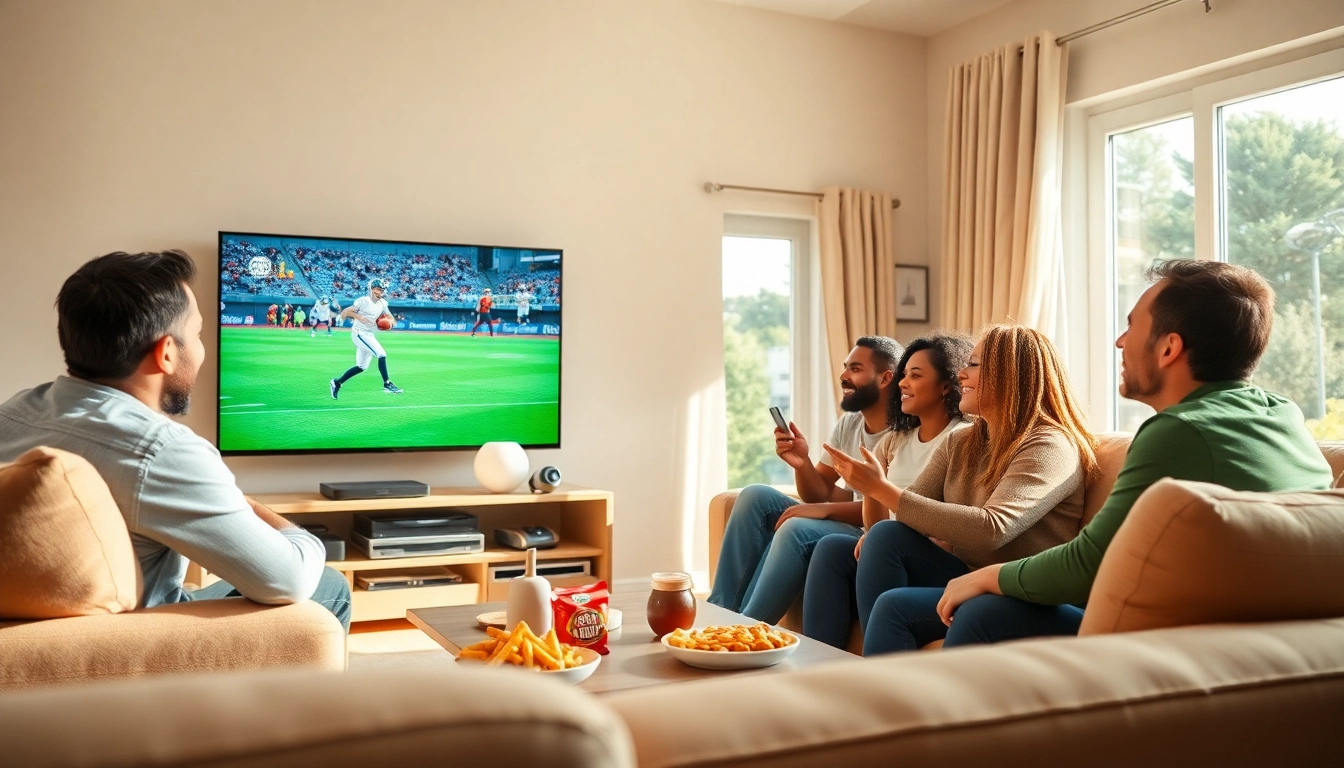 Enjoying IPTV Canada with friends in a cozy living room, showcasing a vibrant TV scene.
