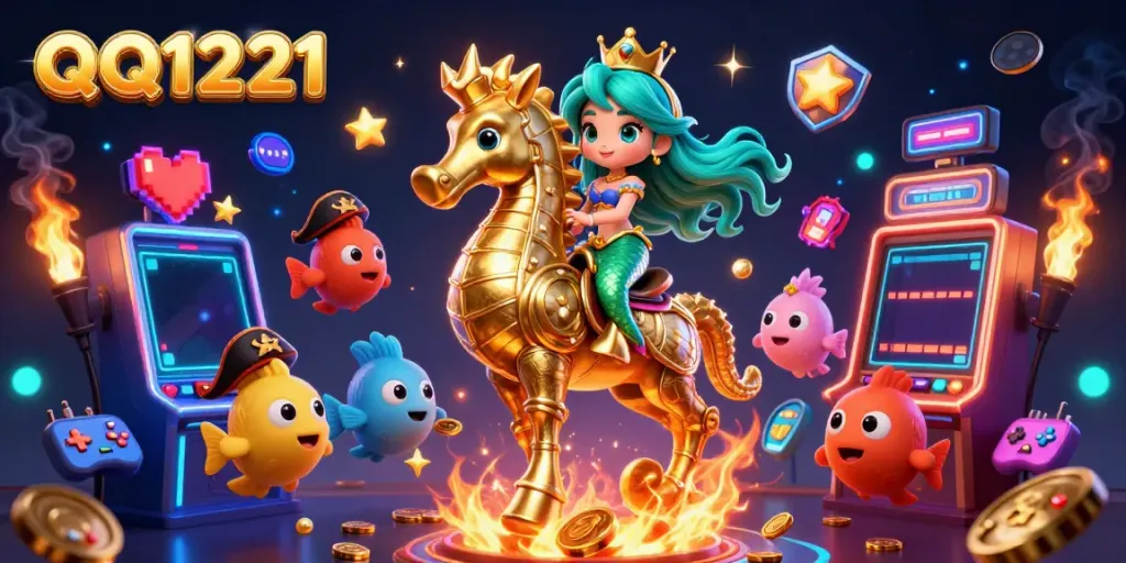 Engage with QQ1221's vibrant casino scene, showcasing animated mermaids and dynamic slot machines.