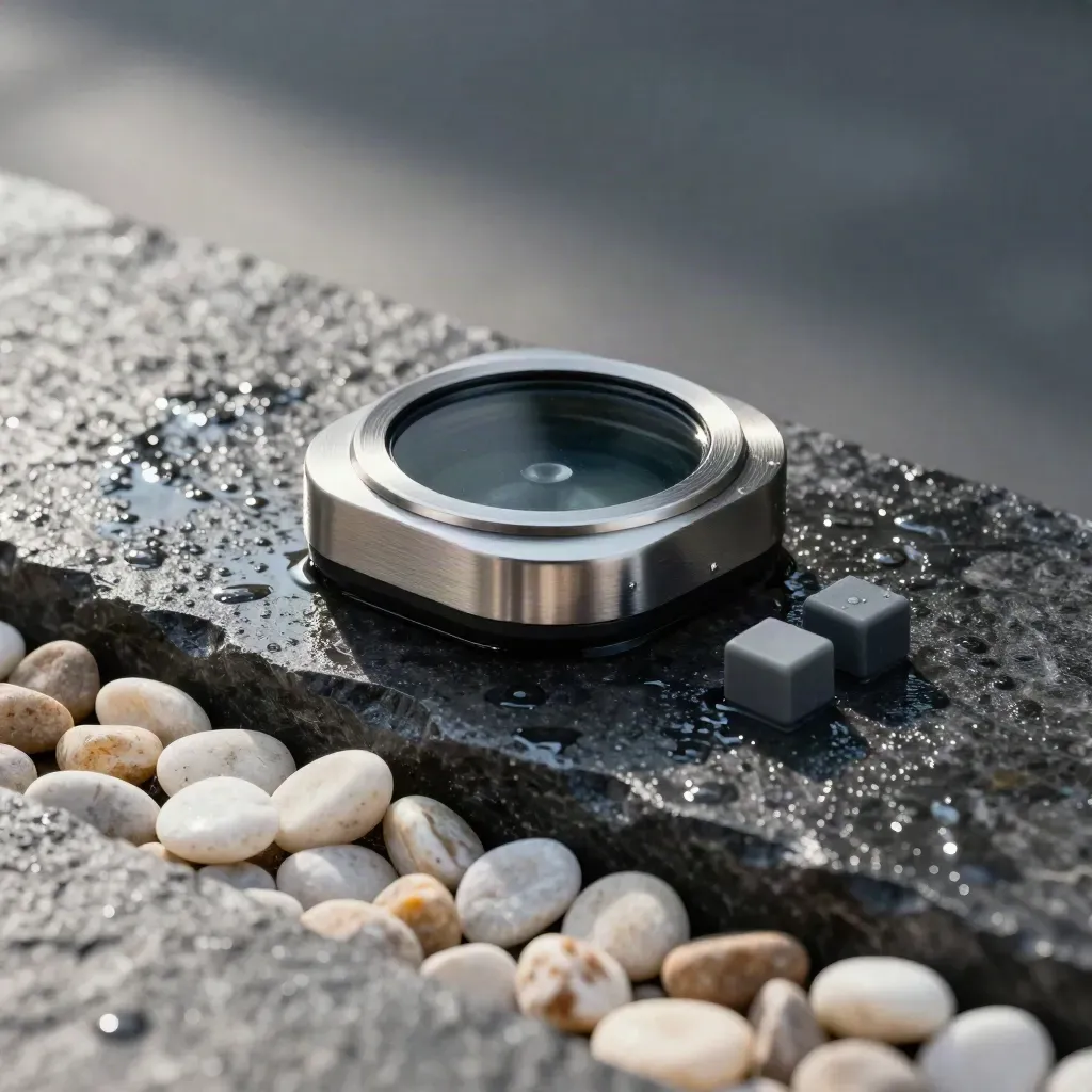 Brushed-metal local monitor on wet black stone with pebble cluster and slate marker blocks.