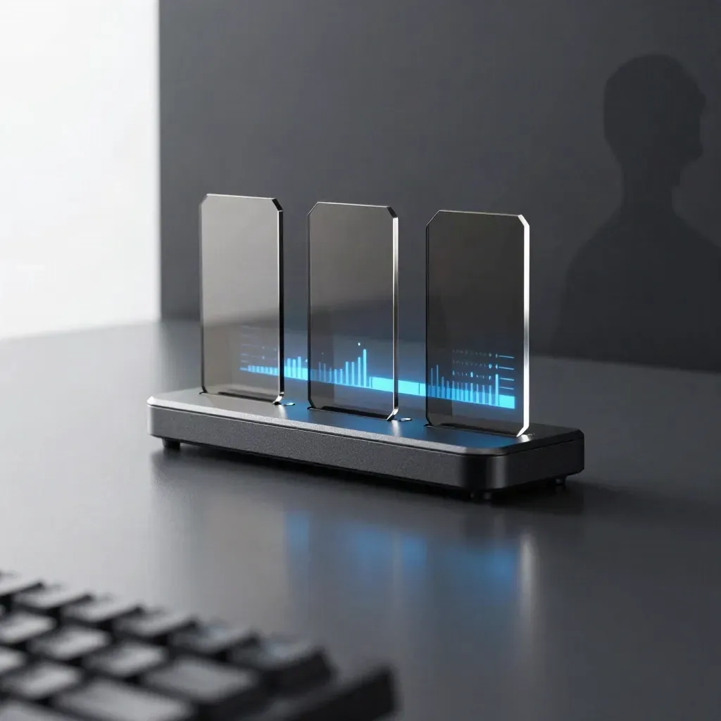 Charcoal rank module with translucent fins in a dim slate studio, edged by cool blue light.