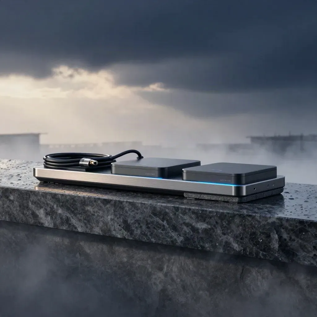 Graphite rank-tracking console with modules on wet stone, lit by dawn mist and blue glow.