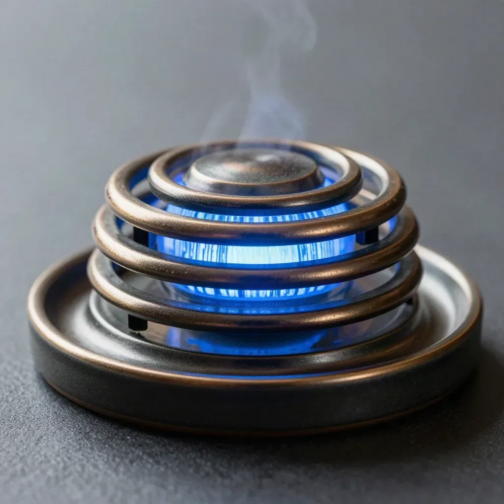 Macro of a dark aluminum alert beacon with glowing halo rings and a glass tray in blue light