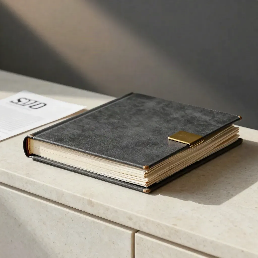 Charcoal report binder, brass clip, tablet slab and folded linen on travertine in soft daylight
