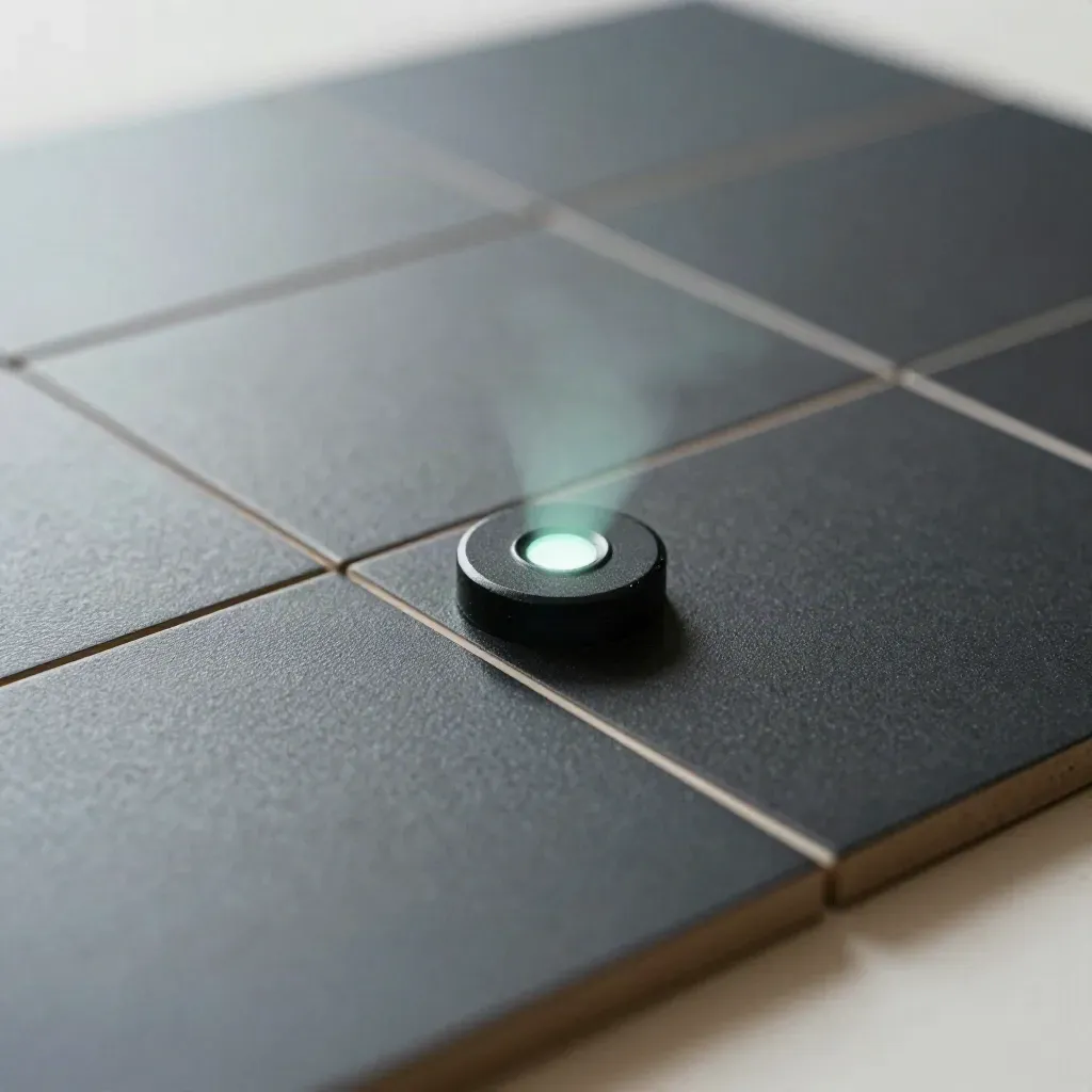 Matte-black coordinate tiles with a glowing mint locator puck and pale contour markers.