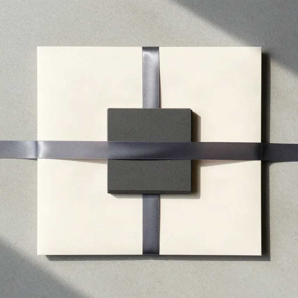 Overhead flatlay of blank sleeves, charcoal cards, and a satin ribbon on concrete.
