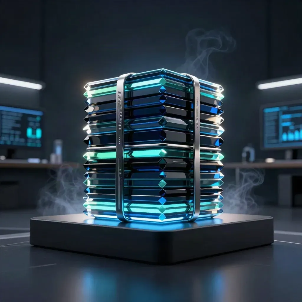 Dark glass modules glowing blue and mint in a dramatic SEO software product scene
