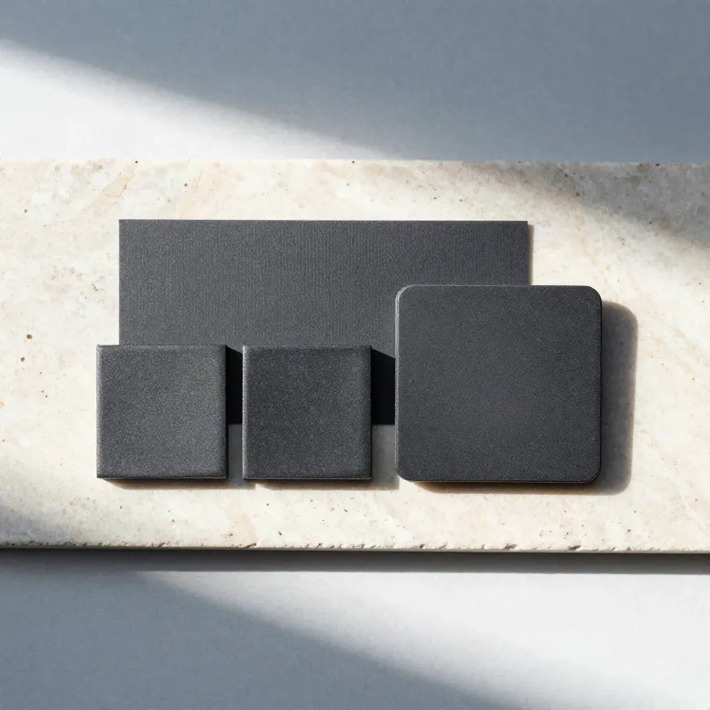 Overhead flatlay of charcoal SEO modules, tiles, sleeve, and backing card on travertine.