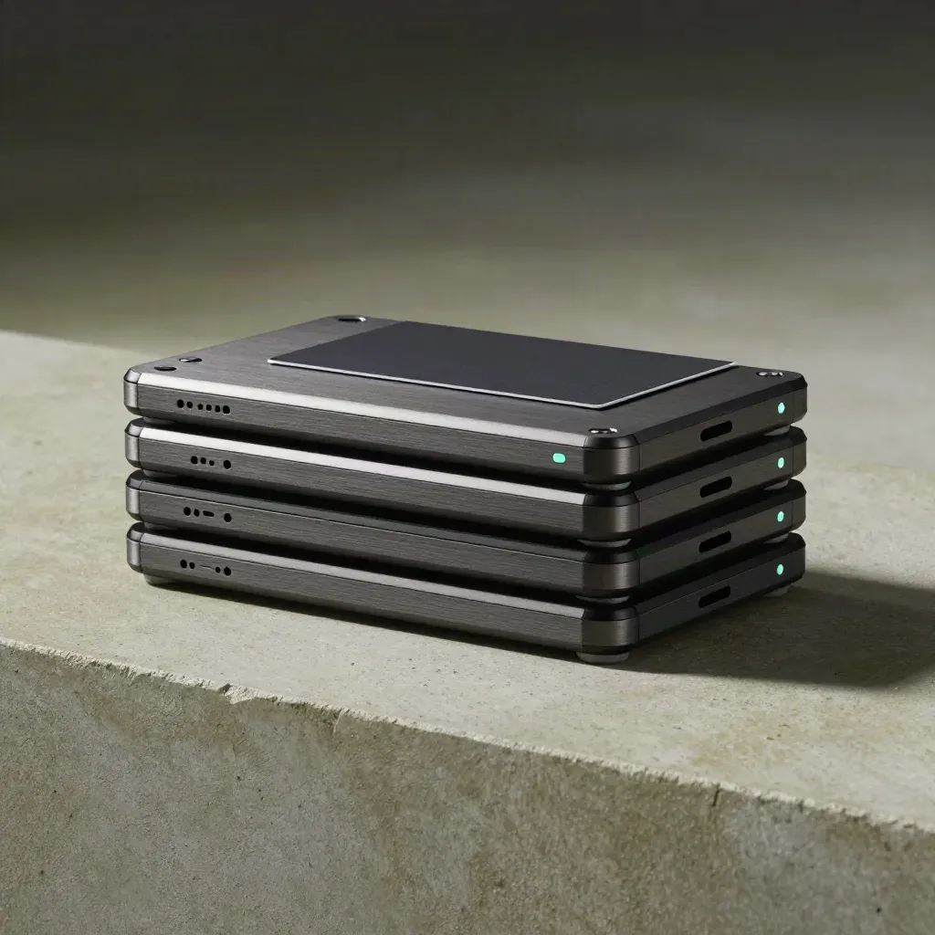 Charcoal modular analytics stack on a concrete plinth with a faint mint accent glow.