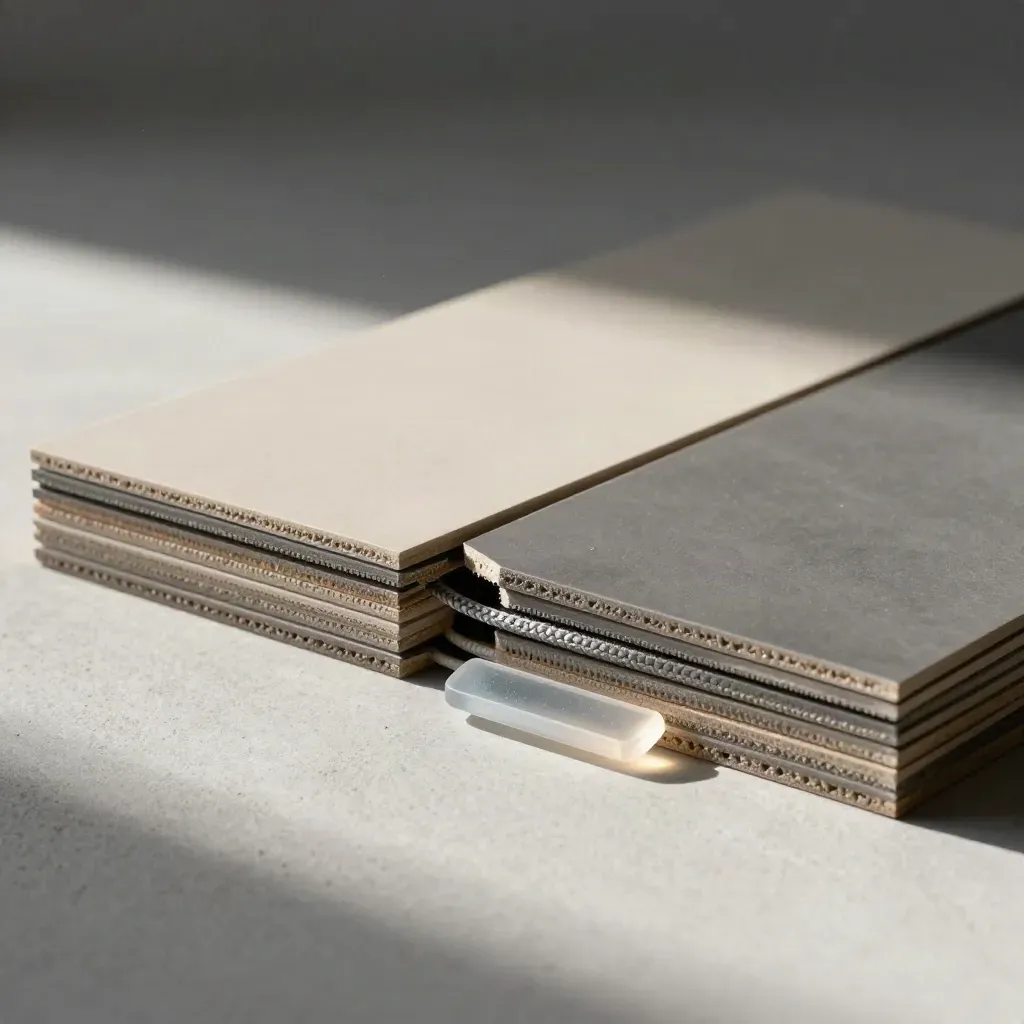 Graphite tiles split open with cable loop and translucent shard on concrete.