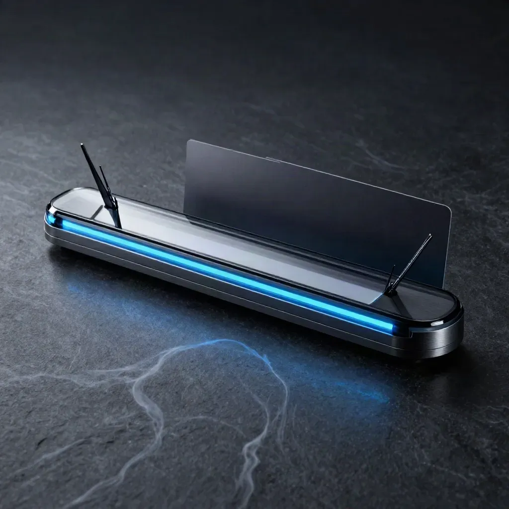 Dark glass alert bar with twin signal fins glowing blue on matte-black stone.