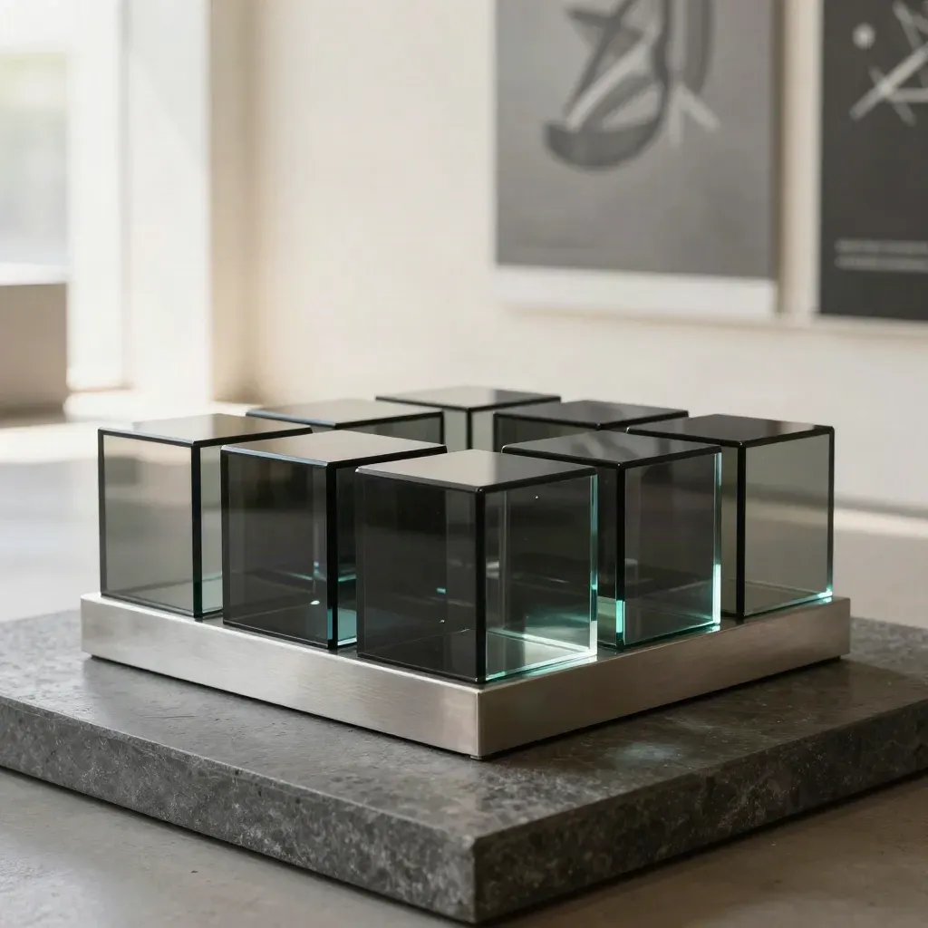 Dark glass modular seat blocks and cubes on a brushed metal base in a cool showroom glow.