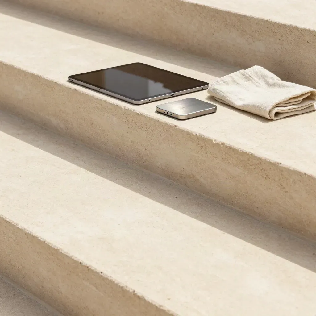 Sunlit travertine landing with abstract analytics devices and soft stone shadows.