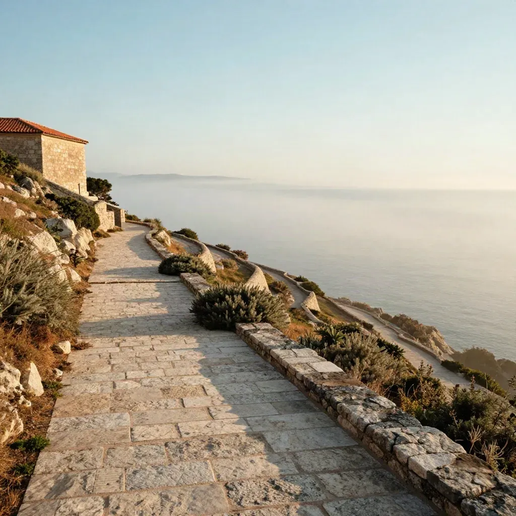 Golden coastal terraces with pale stone paths, clipped shrubs and sea mist at sunrise.