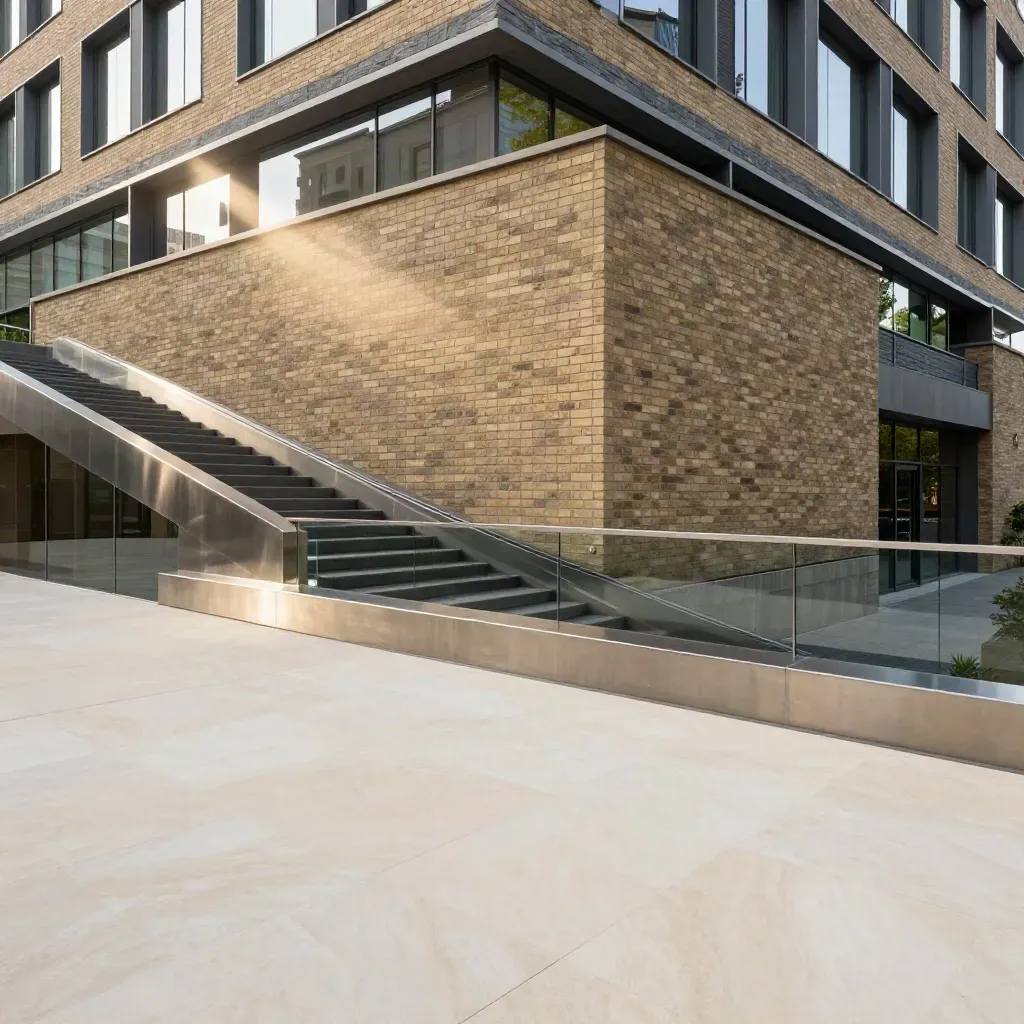 Sunlit glazed-brick courtyard with metal rails and skyline reflections in a calm architectural space.
