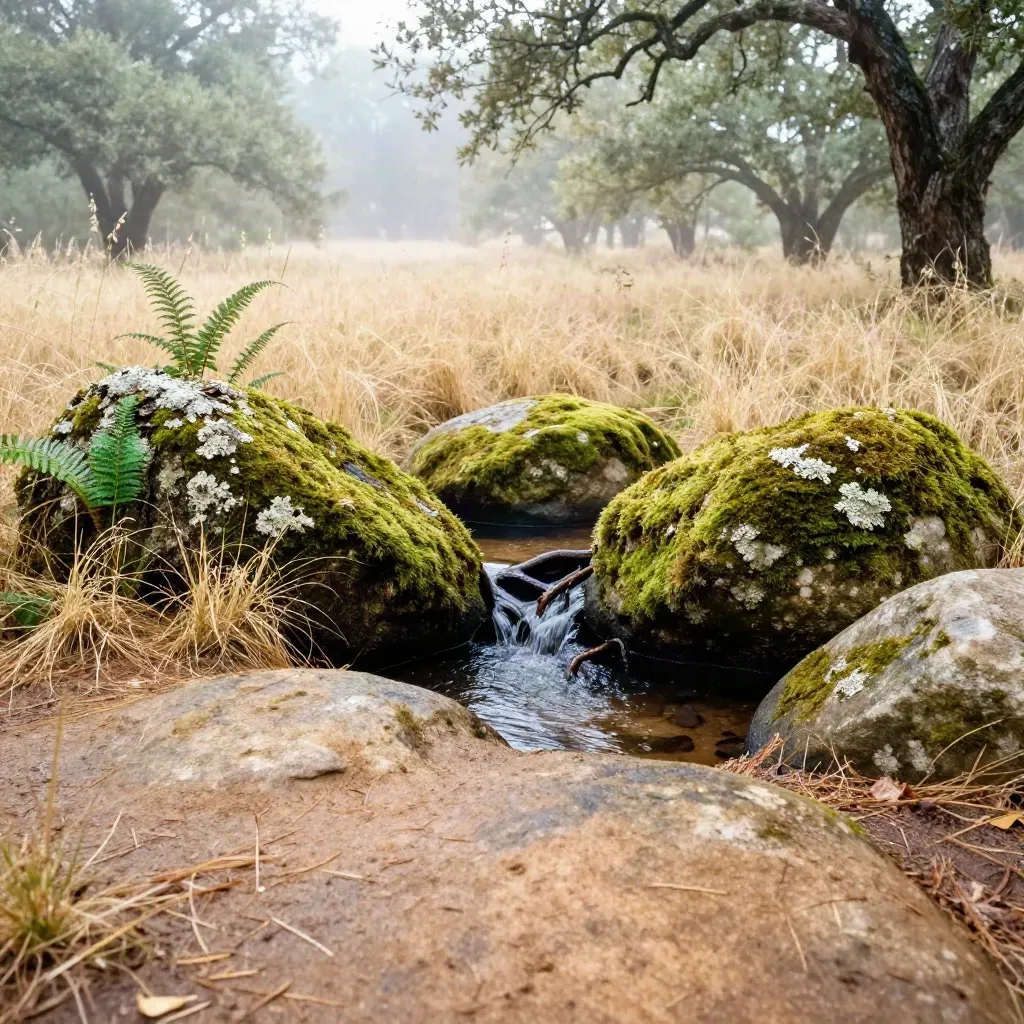 Rainy oak glade with mossy boulders and a bright water ribbon in mist