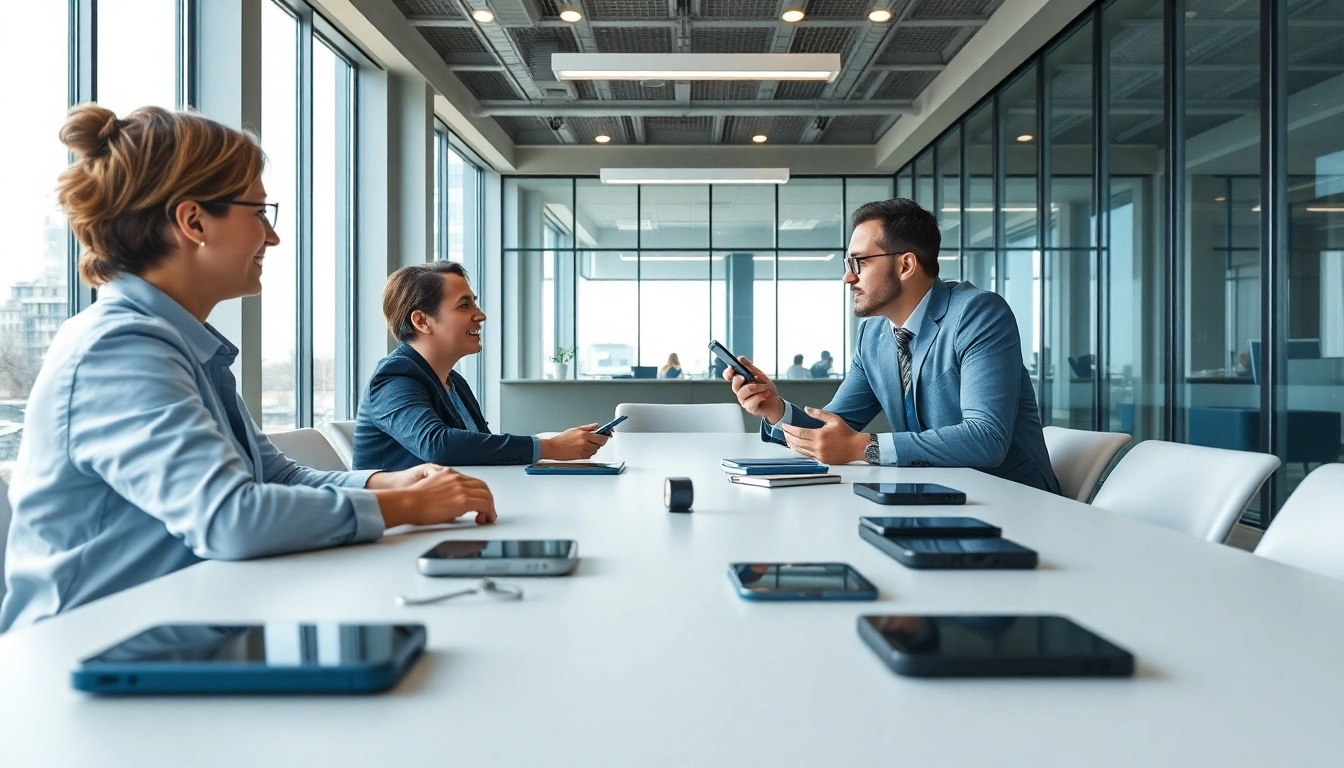 Discover the best mobile phone deals business options with engaging professionals in a modern office.