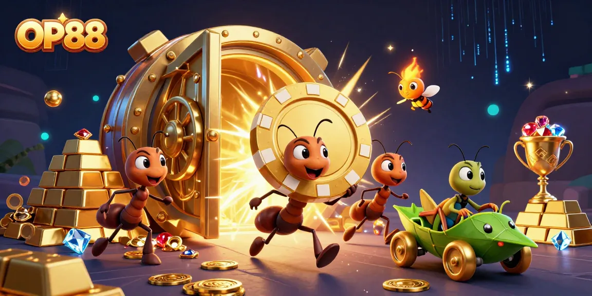 OP88 brings excitement as ants steal a massive poker chip in a vibrant casino heist scene
