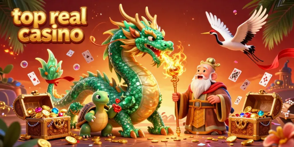 Experience the thrill of top real money casinos with vibrant characters and casino elements in a magical setting.