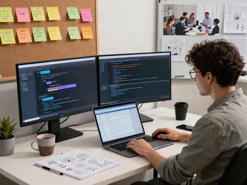 Focused workspace showing nsfw chat bot development with dual monitors, coding, and brainstorming elements.