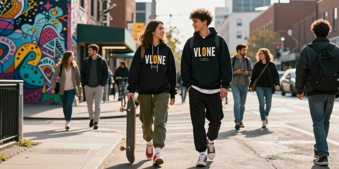 Stylish individuals showcasing vlone hoodies while walking through an artistic urban street environment.
