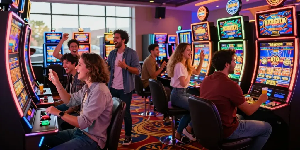 Friends enjoying a big win at a slot game machine in a vibrant casino atmosphere with bright lights and excitement.