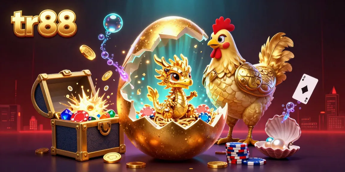 Win big with tr88, an exciting illustration of a golden baby dragon, poker chips, and casino treasures!