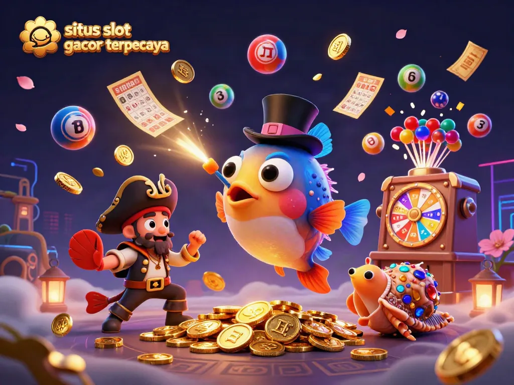 Engage with situs slot gacor terpercaya using a vibrant illustration of casino-themed characters and elements.