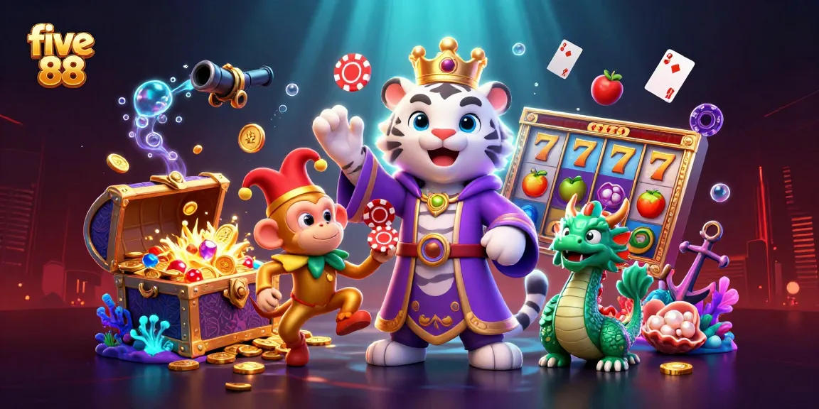 Experience the vibrant action at five 88 with the tiger, monkey, and dragon in a thrilling casino scene.