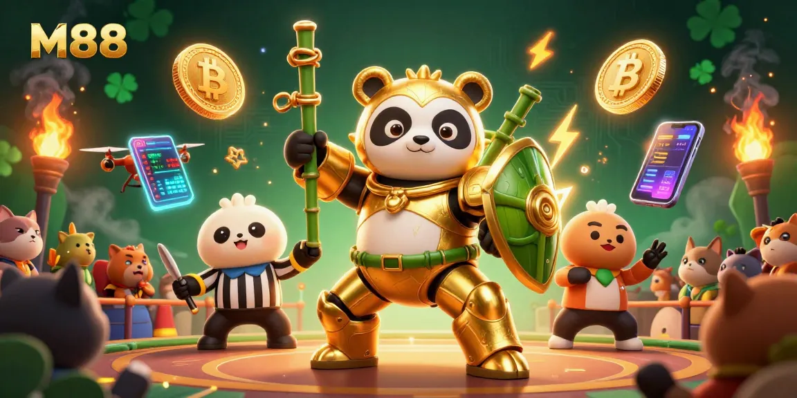 Experience M88's thrilling action in a vibrant casino showdown with crypto elements and engaging characters.