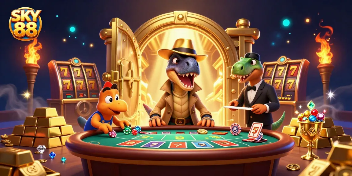 SKY 88 velociraptor playing blackjack amid jewels and gold treasures.