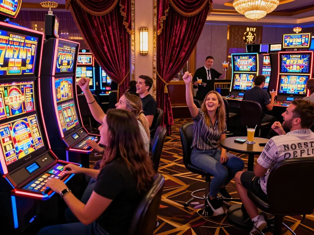 Players enjoying the excitement of slot777 games in a vibrant casino atmosphere.
