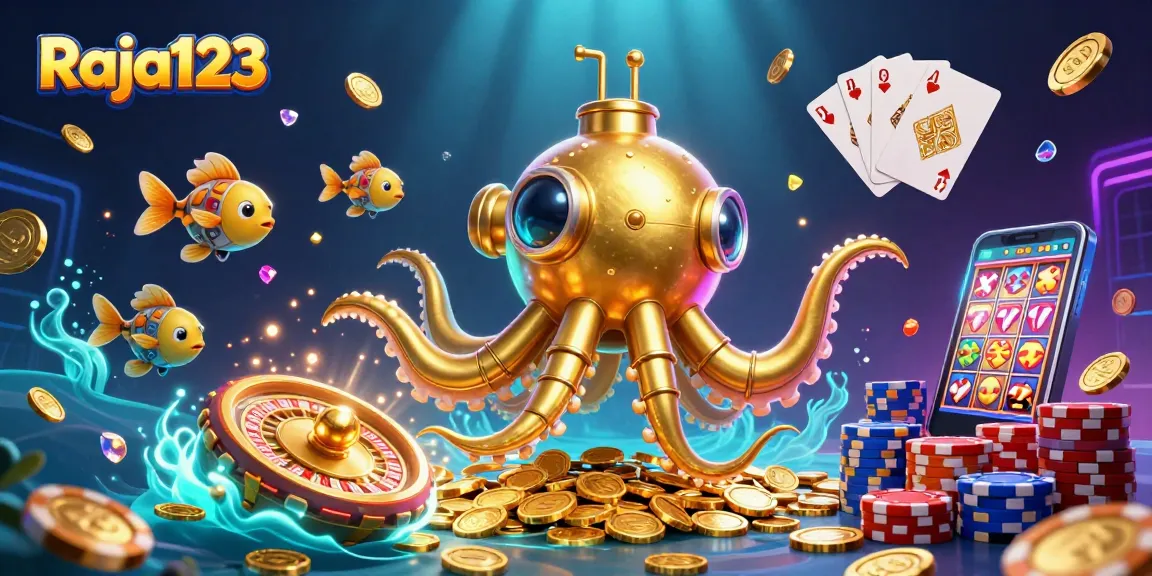 Engage in thrilling gameplay at Raja123 with vibrant gold coins, cards, and a 3D kraken submarine!