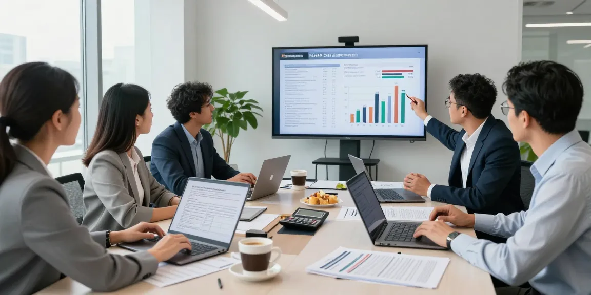 Team of professionals collaborating on Corporate Tax Return Filing preparation in a modern office.