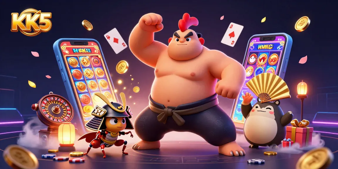 Engage with KK5 revealing thrilling slot games with dynamic 3D characters in a casino scene.