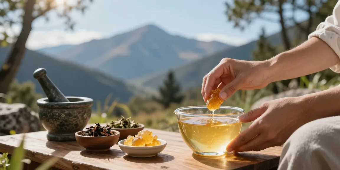 Wellness practitioner preparing pure gold Himalayan shilajit Australia in serene Himalayan landscape.