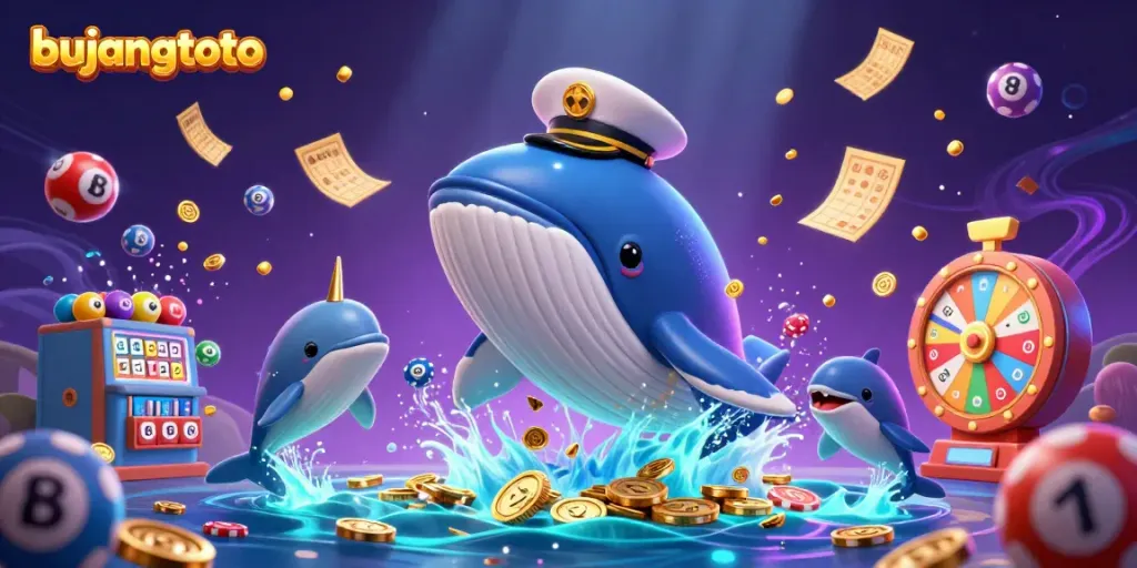 Bujangtoto showcases a vibrant scene with a whale, narwhal, and dolphins amidst colorful gambling elements in an enchanted setting.