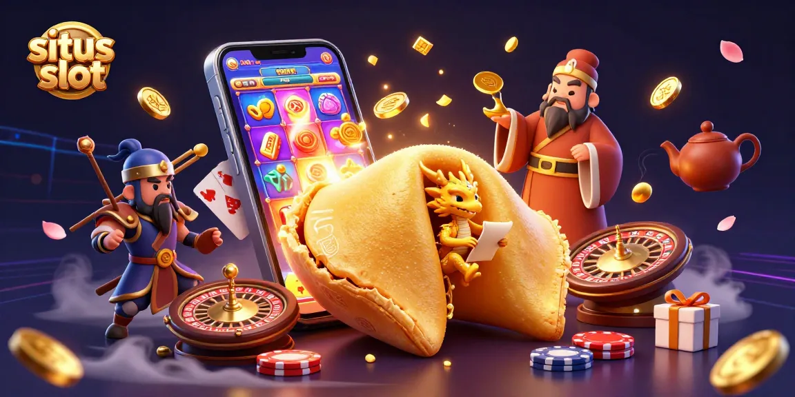 A vibrant illustration showcasing a situs slot concept, featuring a giant golden fortune cookie, a wise dragon, and gaming elements like slot games and roulette.