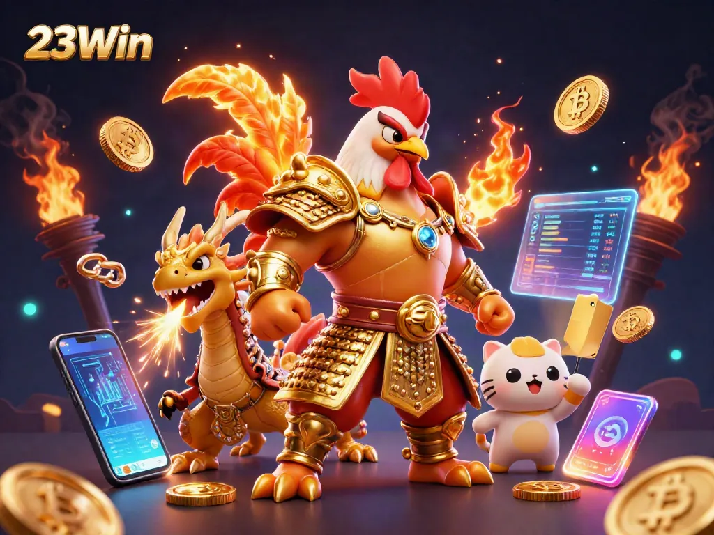 Experience excitement with 23Win as a fighting rooster warrior and dragon hatchling celebrate wins!