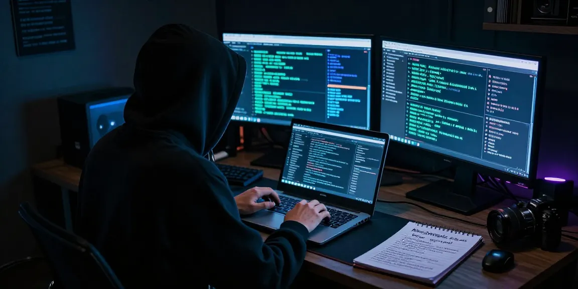 Person accessing the Darknet, exploring guides and more in a cyberpunk setting.