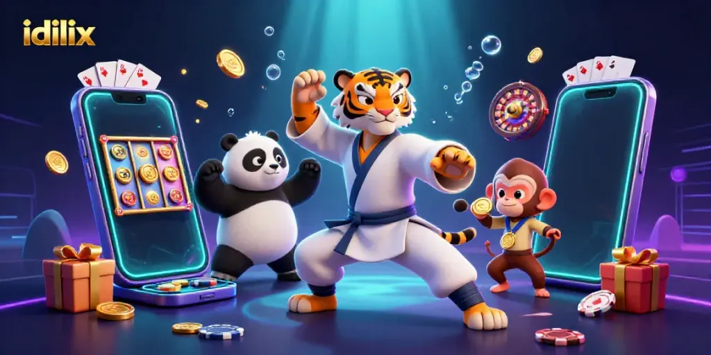 Idlix engages players with a colorful scene featuring slot games and animated characters.
