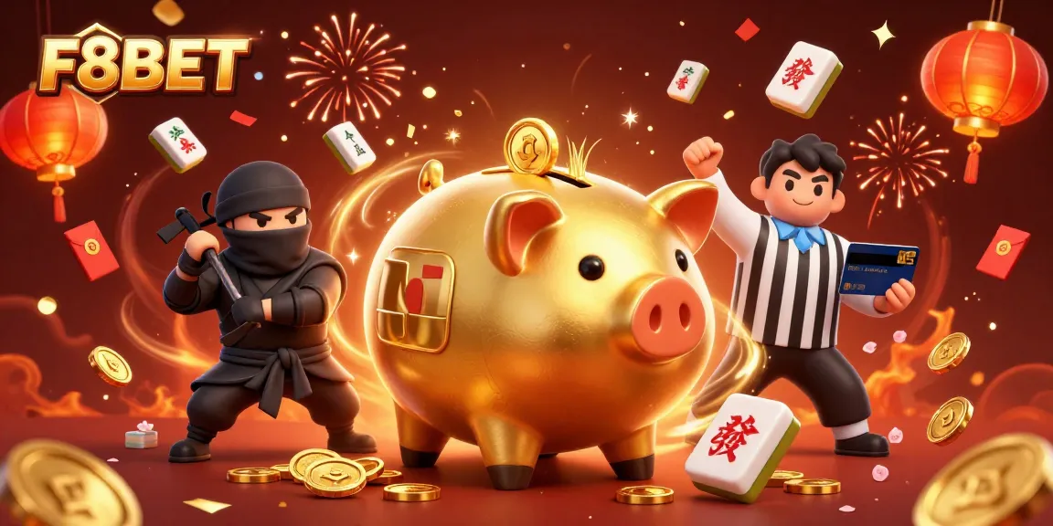 Experience F8BET with vibrant casino action featuring a golden piggy bank wrestler.
